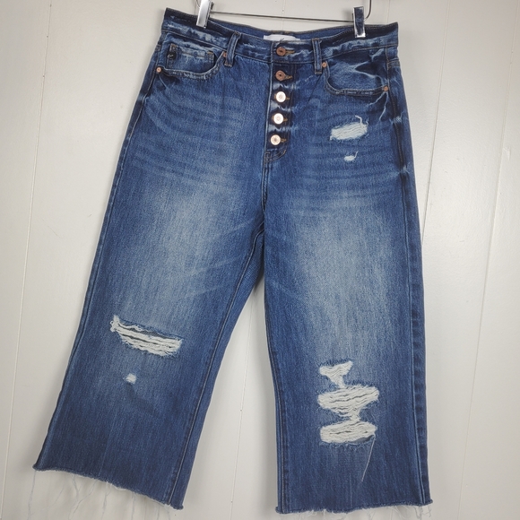 Kancan high waist button fly factory distressed raw hem cropped jeans size 11/29 - Picture 10 of 14